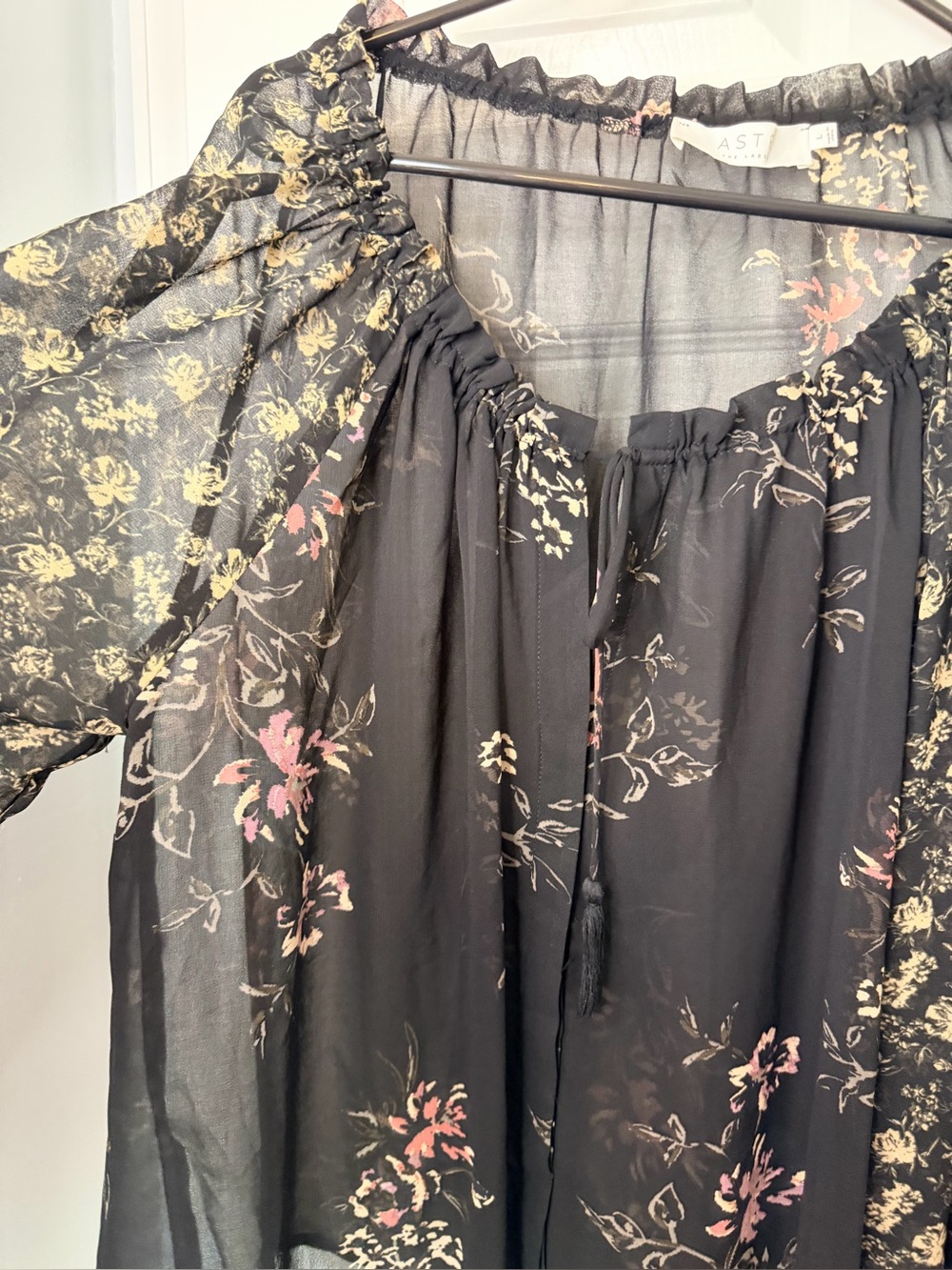 ASTR Black Sheer Floral Ruffle Neck Blouse - Picture 6 of 8